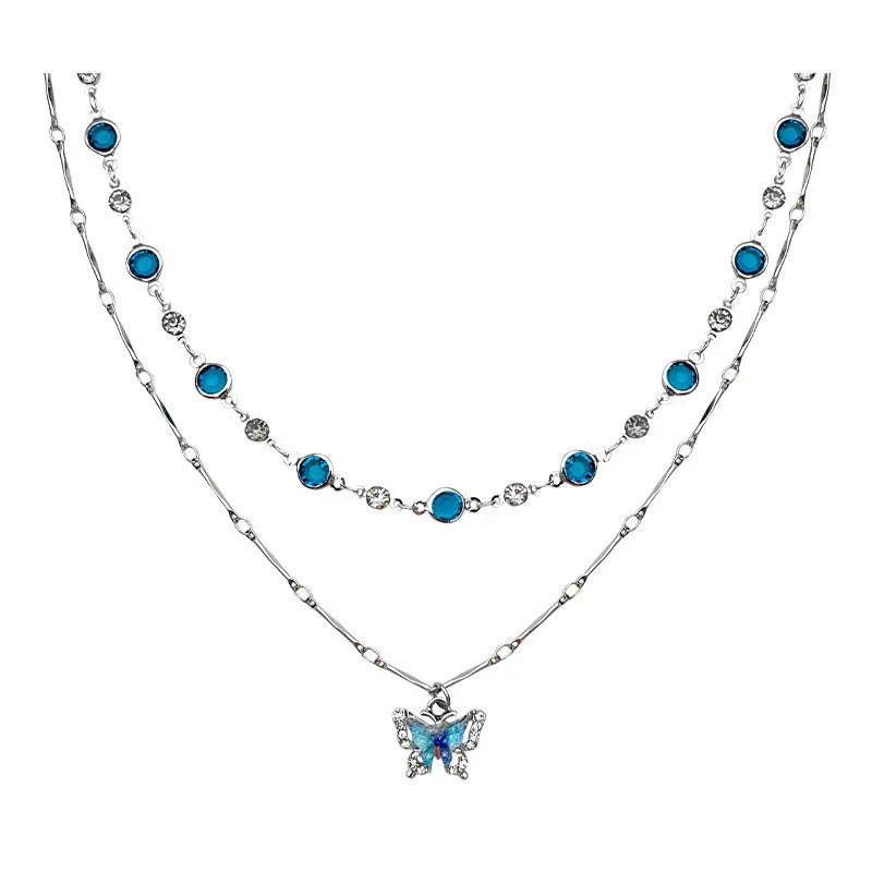 Blue Double-Layer Butterfly Necklace for Women – 14K Gold-Plated Layered Pendant Necklace
