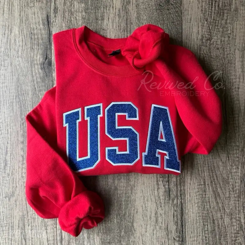 USA Glitter Appliqué Embroidered Sweatshirt America Pullover Crewneck 4Th of July Summer Unisex