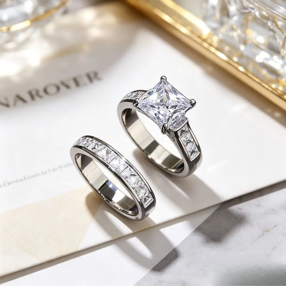 Classic Princess Cut Engagement Ring Set, 2-Piece Gold-Tone Promise & Wedding Band, Timeless Statement Jewelry Gift for Her, Perfect for Valentine'S Day, Christmas & Special Occasions