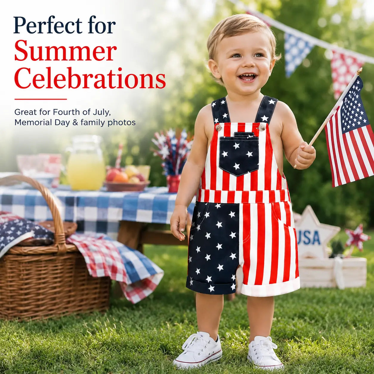 Baby Boy & Girl 4Th of July Outfit, American Flag Overall Shorts, Patriotic Suspender Jumpsuit with Pocket, Summer Romper Costume for Toddlers & Kids 0-5 Years, Red White Blue Stars & Stripes