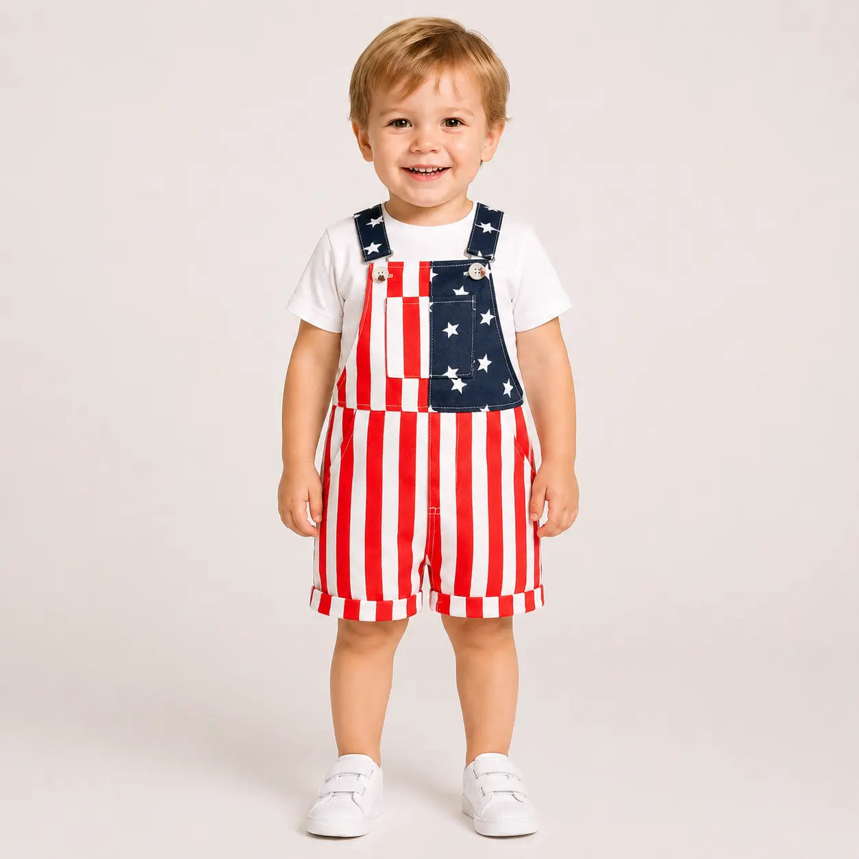 Baby Boy & Girl 4Th of July Outfit, American Flag Overall Shorts, Patriotic Suspender Jumpsuit with Pocket, Summer Romper Costume for Toddlers & Kids 0-5 Years, Red White Blue Stars & Stripes