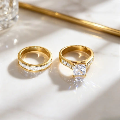 Classic Princess Cut Engagement Ring Set, 2-Piece Gold-Tone Promise & Wedding Band, Timeless Statement Jewelry Gift for Her, Perfect for Valentine'S Day, Christmas & Special Occasions