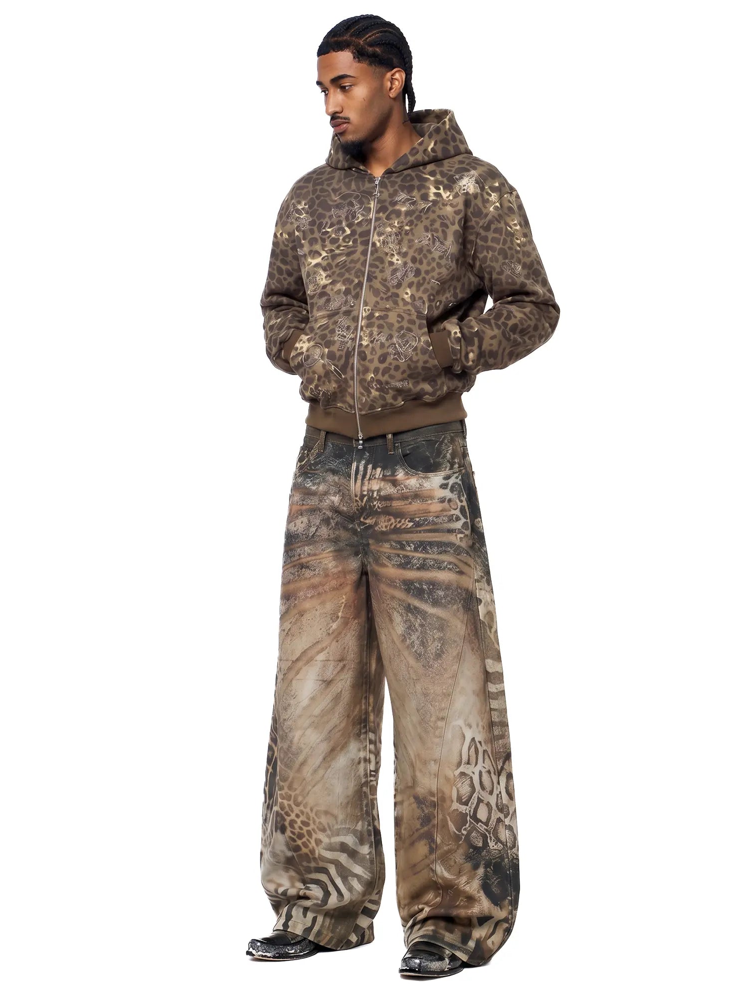 FDR Unisex Animal Print Baggy Jeans, Vintage Washed Wide Leg Barrel Pants, Leopard Pattern Loose Fit Denim Trousers, Casual Retro Style Bottoms for Everyday Wear, Streetwear & Easy Outfits #Summervibes Summerwins