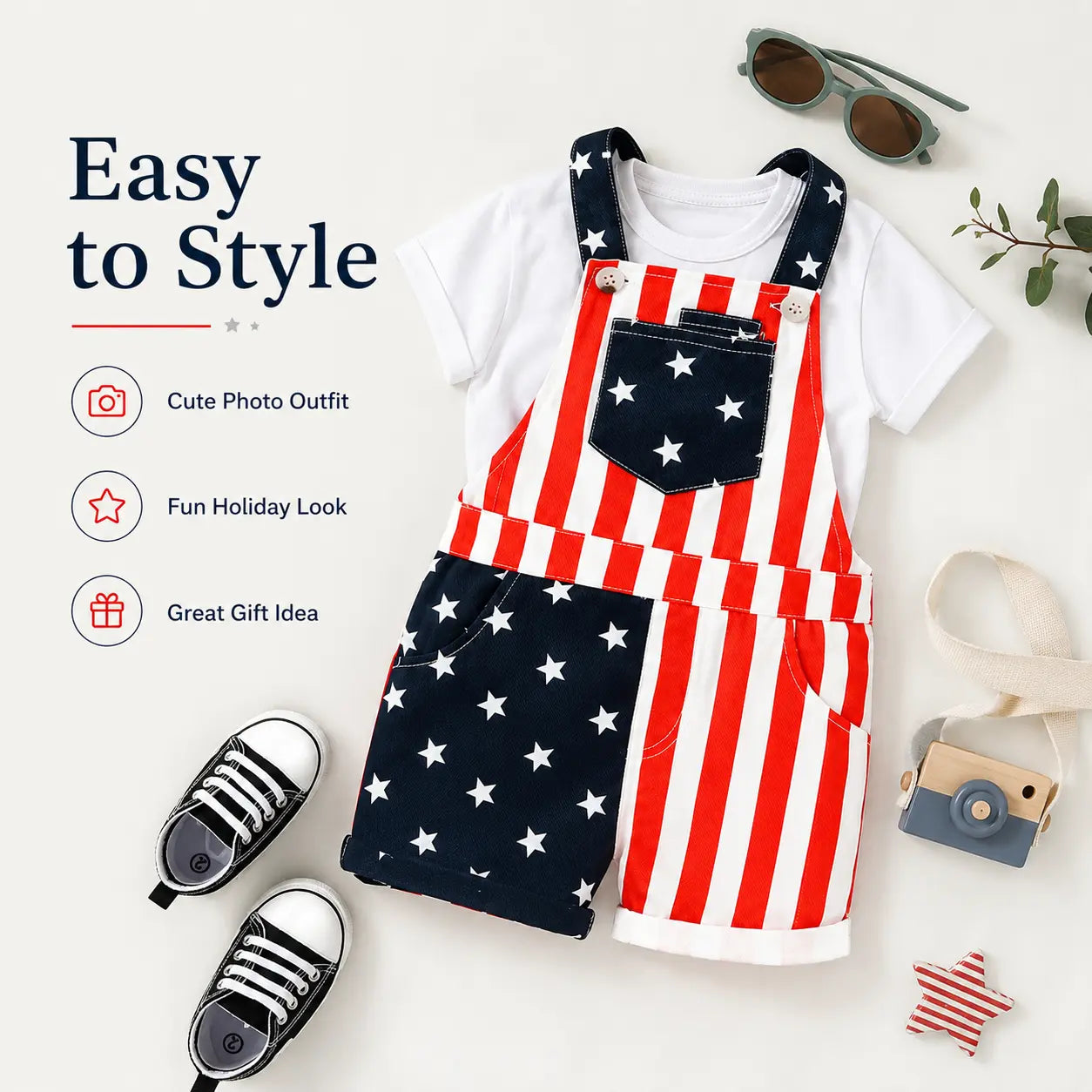 Baby Boy & Girl 4Th of July Outfit, American Flag Overall Shorts, Patriotic Suspender Jumpsuit with Pocket, Summer Romper Costume for Toddlers & Kids 0-5 Years, Red White Blue Stars & Stripes