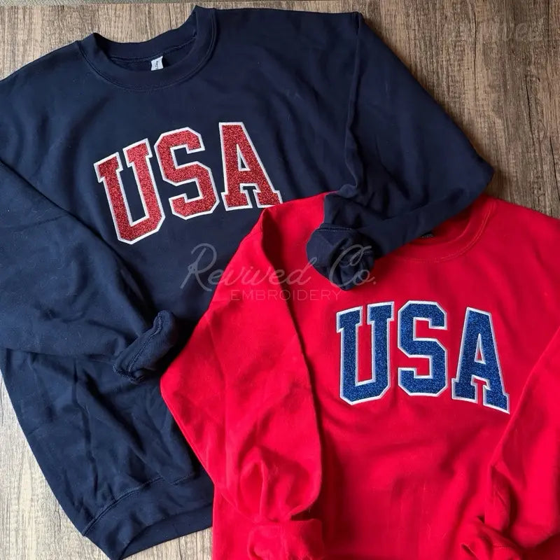 USA Glitter Appliqué Embroidered Sweatshirt America Pullover Crewneck 4Th of July Summer Unisex