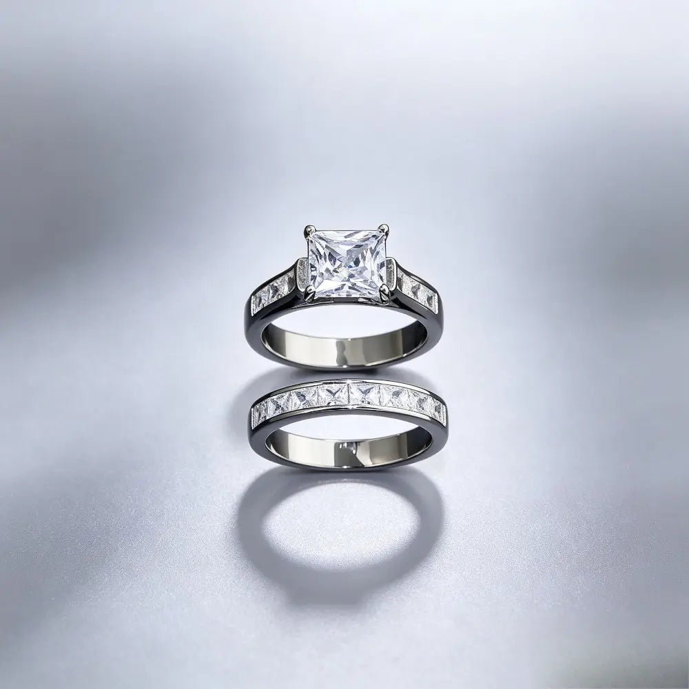 Classic Princess Cut Engagement Ring Set, 2-Piece Gold-Tone Promise & Wedding Band, Timeless Statement Jewelry Gift for Her, Perfect for Valentine'S Day, Christmas & Special Occasions