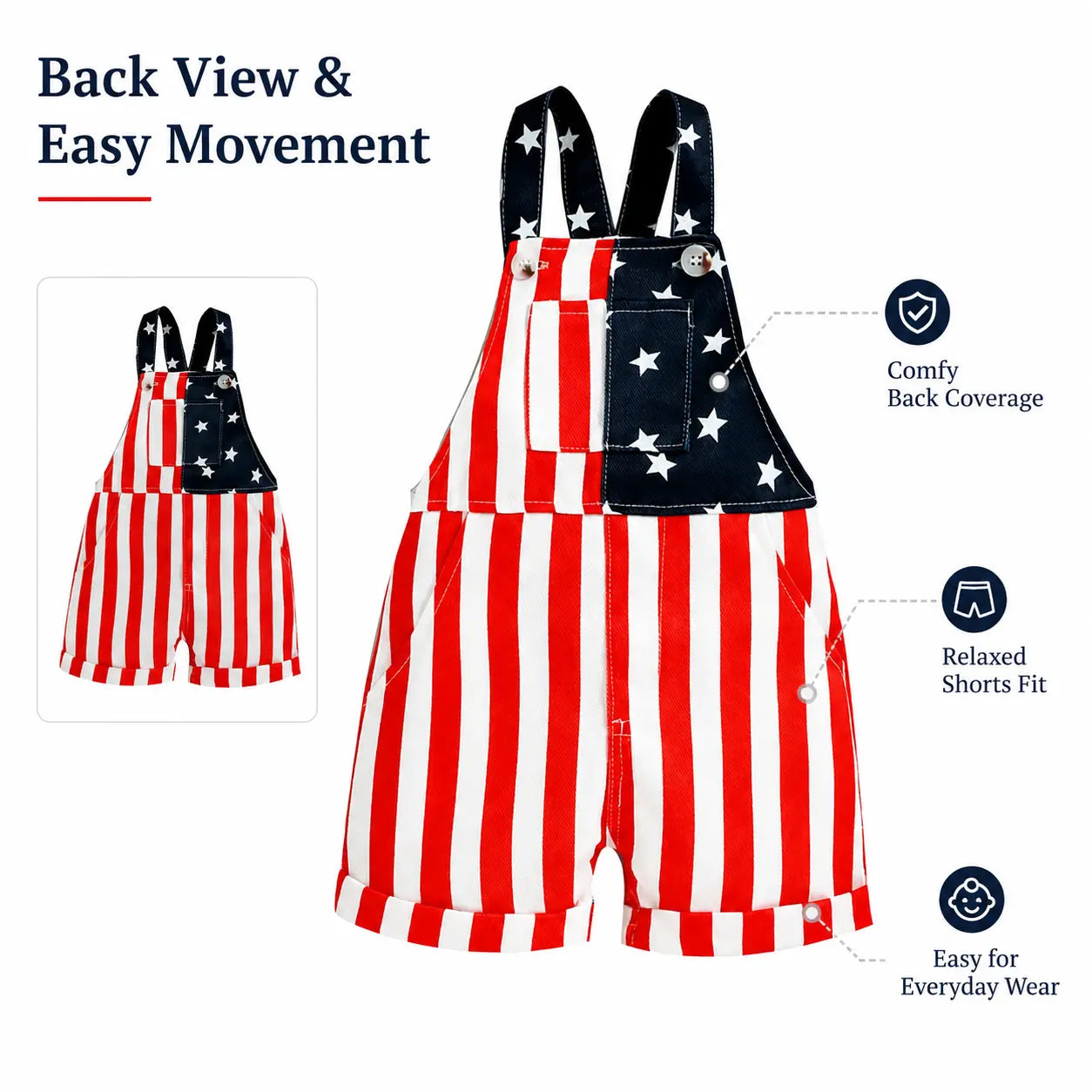 Baby Boy & Girl 4Th of July Outfit, American Flag Overall Shorts, Patriotic Suspender Jumpsuit with Pocket, Summer Romper Costume for Toddlers & Kids 0-5 Years, Red White Blue Stars & Stripes