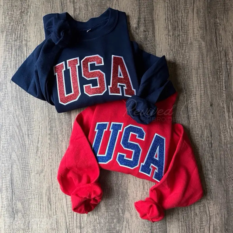 USA Glitter Appliqué Embroidered Sweatshirt America Pullover Crewneck 4Th of July Summer Unisex