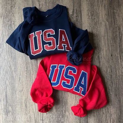 USA Glitter Appliqué Embroidered Sweatshirt America Pullover Crewneck 4Th of July Summer Unisex