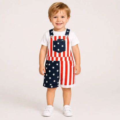 Baby Boy & Girl 4Th of July Outfit, American Flag Overall Shorts, Patriotic Suspender Jumpsuit with Pocket, Summer Romper Costume for Toddlers & Kids 0-5 Years, Red White Blue Stars & Stripes
