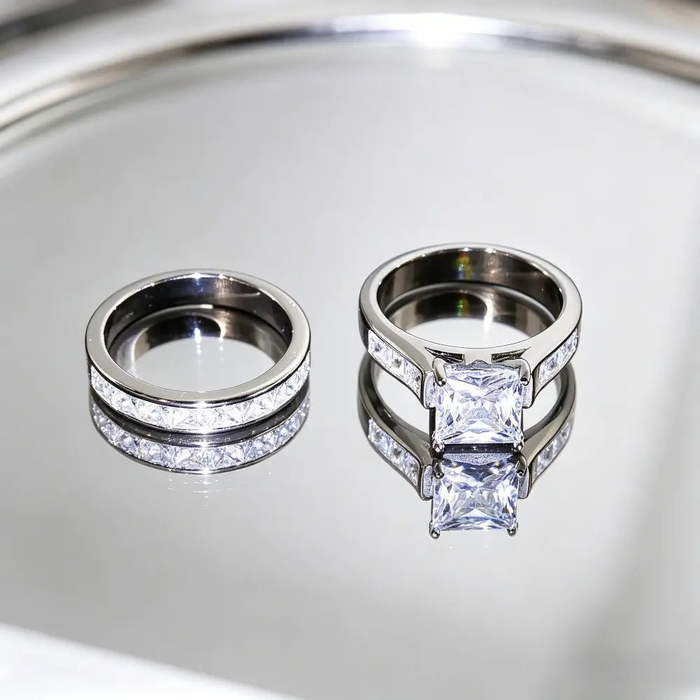 Classic Princess Cut Engagement Ring Set, 2-Piece Gold-Tone Promise & Wedding Band, Timeless Statement Jewelry Gift for Her, Perfect for Valentine'S Day, Christmas & Special Occasions