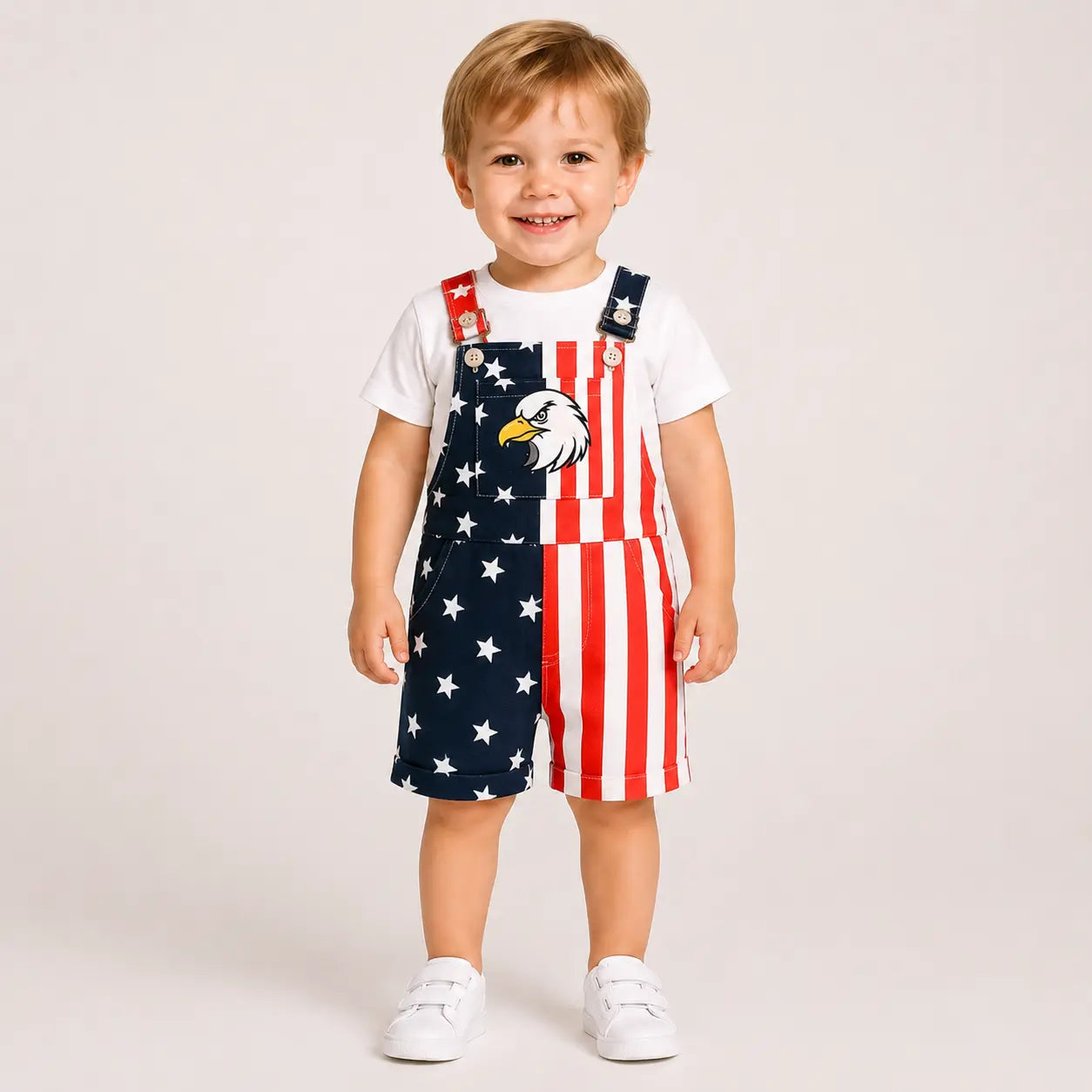 Baby Boy & Girl 4Th of July Outfit, American Flag Overall Shorts, Patriotic Suspender Jumpsuit with Pocket, Summer Romper Costume for Toddlers & Kids 0-5 Years, Red White Blue Stars & Stripes