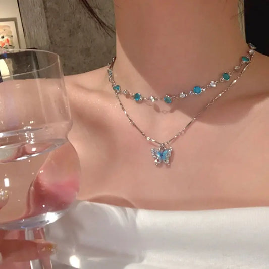 Blue Double-Layer Butterfly Necklace for Women – 14K Gold-Plated Layered Pendant Necklace