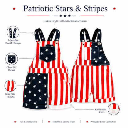 Baby Boy & Girl 4Th of July Outfit, American Flag Overall Shorts, Patriotic Suspender Jumpsuit with Pocket, Summer Romper Costume for Toddlers & Kids 0-5 Years, Red White Blue Stars & Stripes