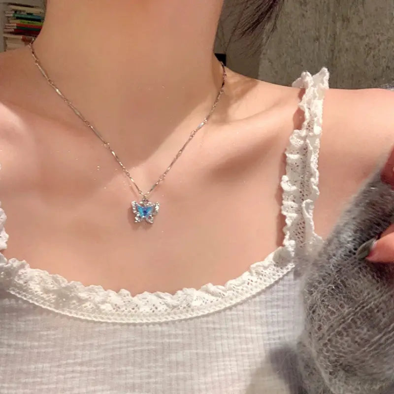 Blue Double-Layer Butterfly Necklace for Women – 14K Gold-Plated Layered Pendant Necklace