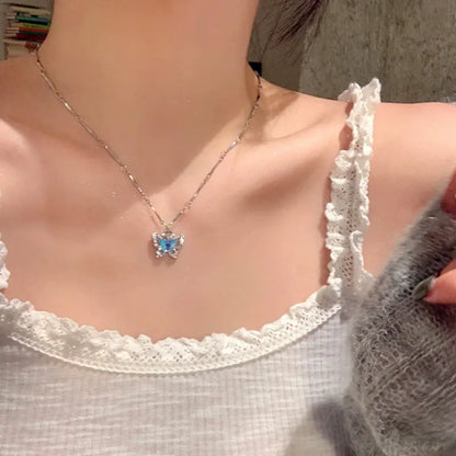 Blue Double-Layer Butterfly Necklace for Women – 14K Gold-Plated Layered Pendant Necklace