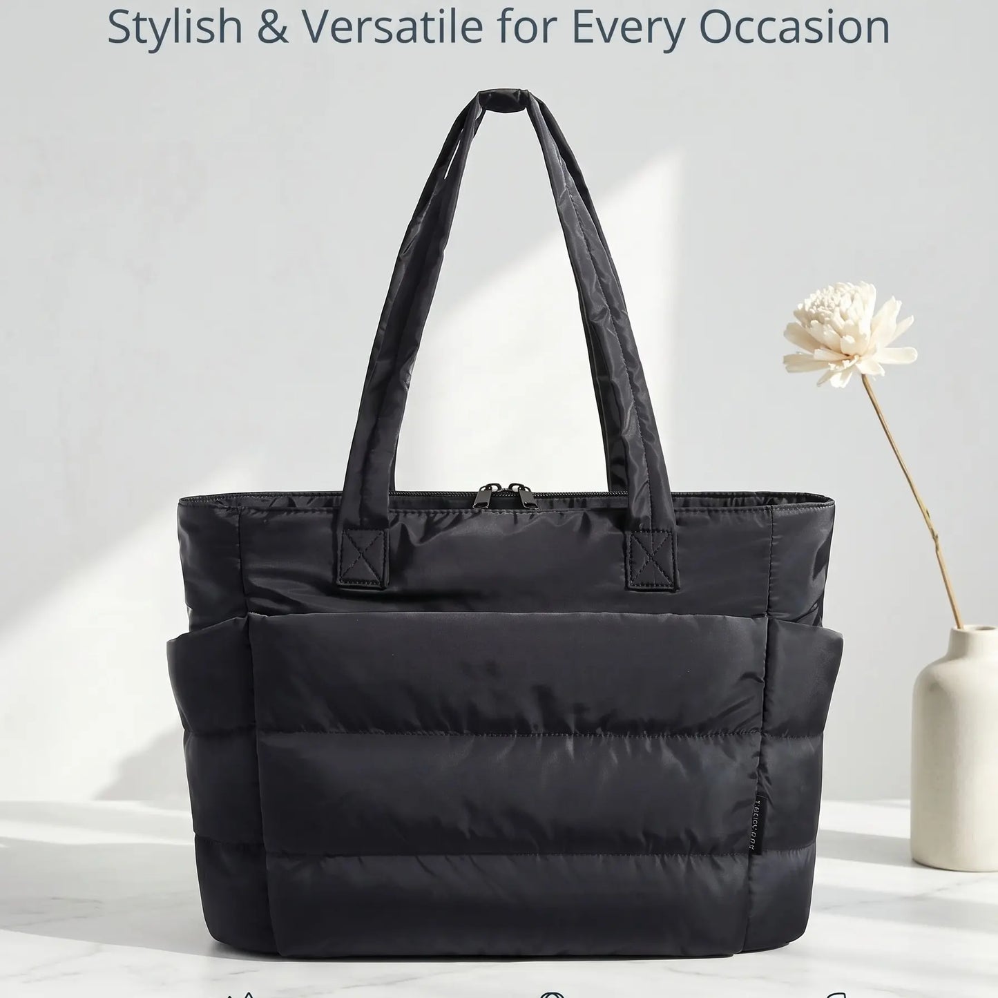 Premium Puffy Quilted Tote Bag – Ultra-Lightweight Nylon Shoulder Bag for Women – Large Capacity Every Day Carry (EDC) Bag for Work, Gym, Travel & Shopping, Water-Resistant