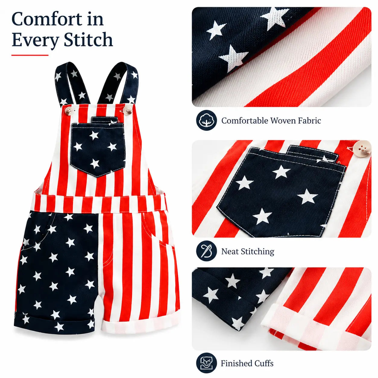Baby Boy & Girl 4Th of July Outfit, American Flag Overall Shorts, Patriotic Suspender Jumpsuit with Pocket, Summer Romper Costume for Toddlers & Kids 0-5 Years, Red White Blue Stars & Stripes