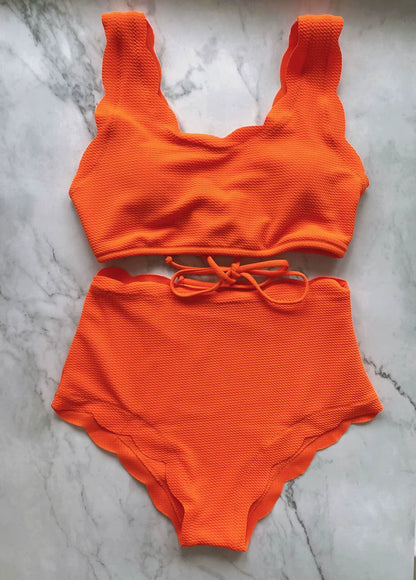 Solid Blue Two Pieces Swimsuit Bathing Suits Bikini Women Scalloped Textured High Waisted Bikini Set Lace up Bathing Suits XXL