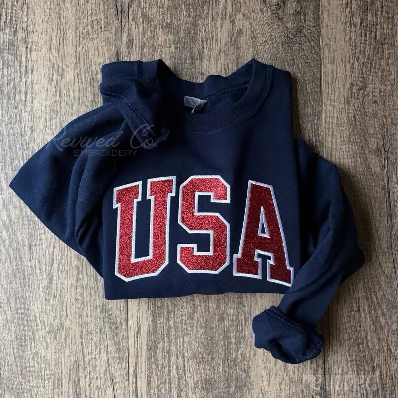 USA Glitter Appliqué Embroidered Sweatshirt America Pullover Crewneck 4Th of July Summer Unisex