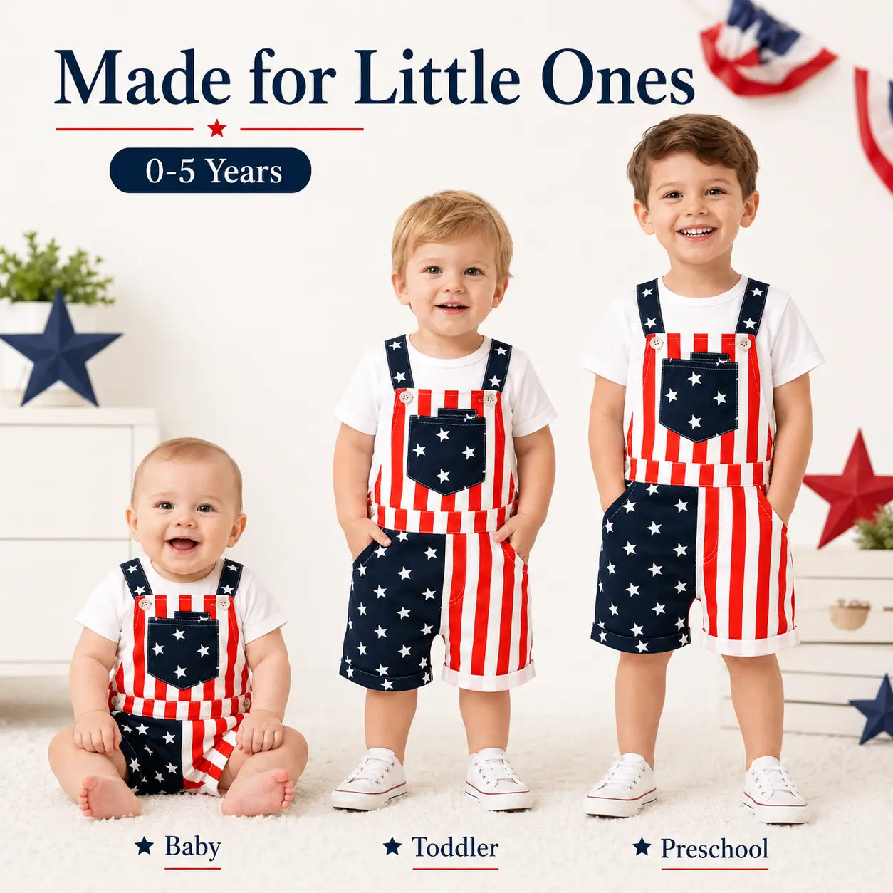 Baby Boy & Girl 4Th of July Outfit, American Flag Overall Shorts, Patriotic Suspender Jumpsuit with Pocket, Summer Romper Costume for Toddlers & Kids 0-5 Years, Red White Blue Stars & Stripes