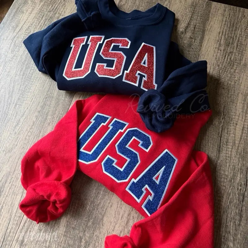 USA Glitter Appliqué Embroidered Sweatshirt America Pullover Crewneck 4Th of July Summer Unisex