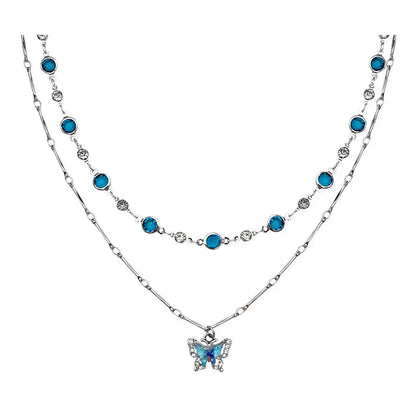 Blue Double-Layer Butterfly Necklace for Women – 14K Gold-Plated Layered Pendant Necklace